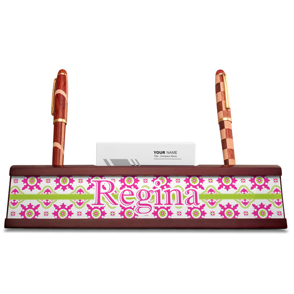 Suzani Floral Red Mahogany Nameplates with Business Card Holder - Straight