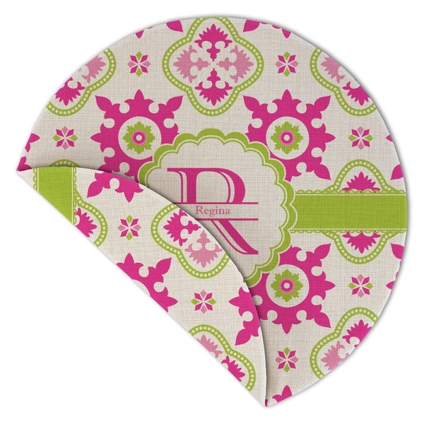 Suzani Floral Round Linen Placemats - Front (folded corner double sided)