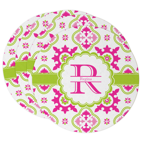 Custom Suzani Floral Round Paper Coasters w/ Name and Initial