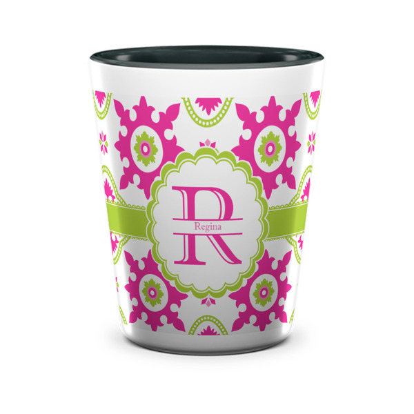 Custom Suzani Floral Ceramic Shot Glass - 1.5 oz - Two Tone - Set of 4 (Personalized)