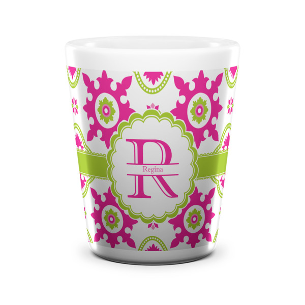 Custom Suzani Floral Ceramic Shot Glass - 1.5 oz - White - Set of 4 (Personalized)