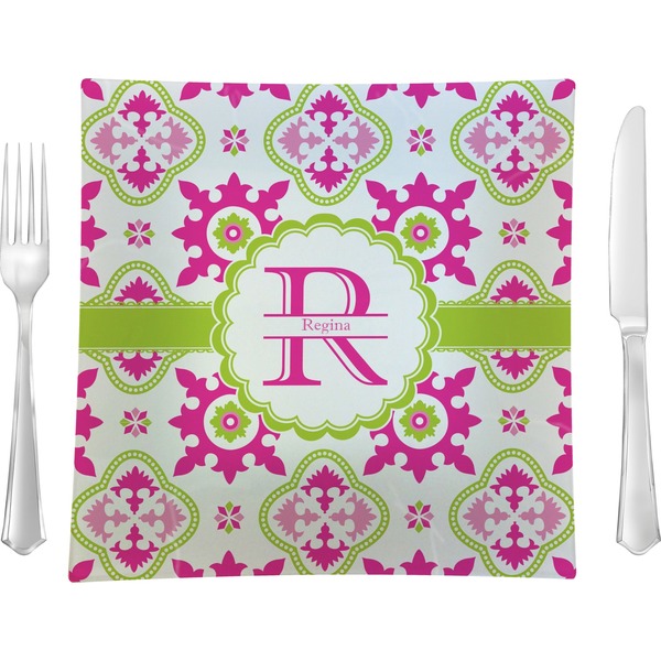 Custom Suzani Floral 9.5" Glass Square Lunch / Dinner Plate- Single or Set of 4 (Personalized)
