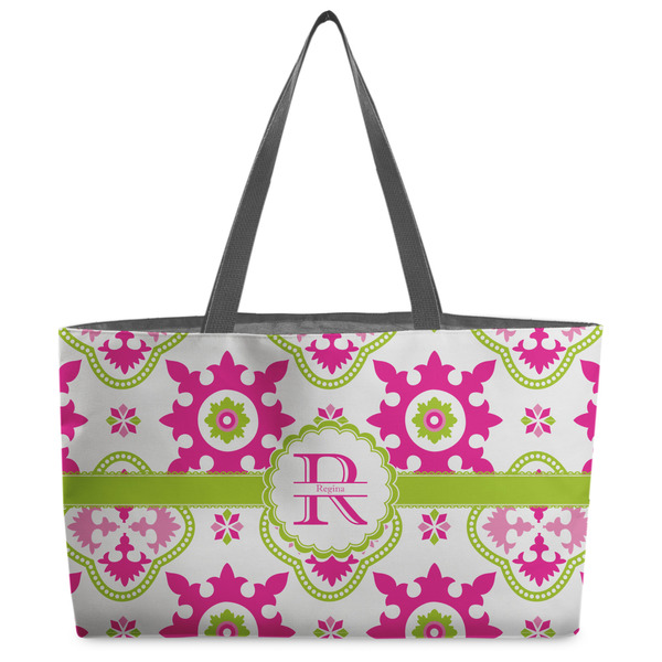 Custom Suzani Floral Beach Totes Bag - w/ Black Handles (Personalized)