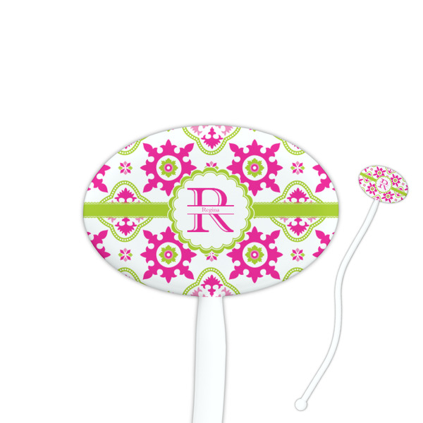 Custom Suzani Floral 7" Oval Plastic Stir Sticks - White - Single Sided (Personalized)