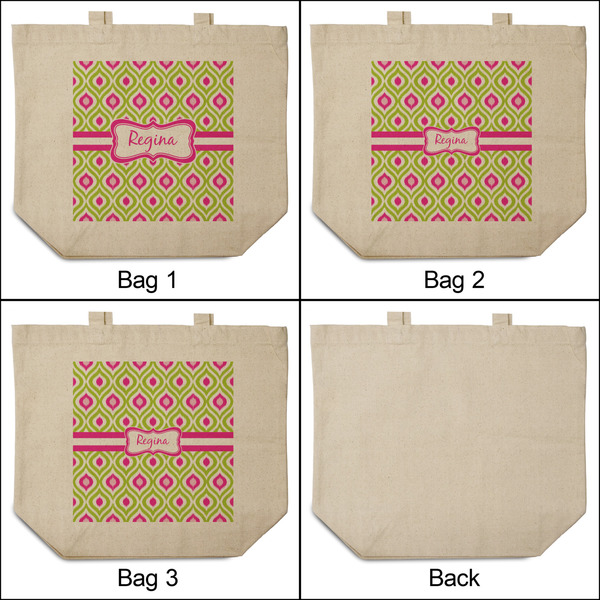 Ogee Ikat 3 Reusable Cotton Grocery Bags - Front & Back View