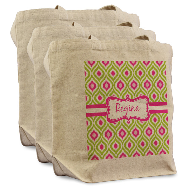 Custom Ogee Ikat Reusable Cotton Grocery Bags - Set of 3 (Personalized)