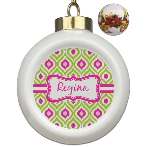 Custom Ogee Ikat Ceramic Ball Ornaments - Poinsettia Garland (Personalized)
