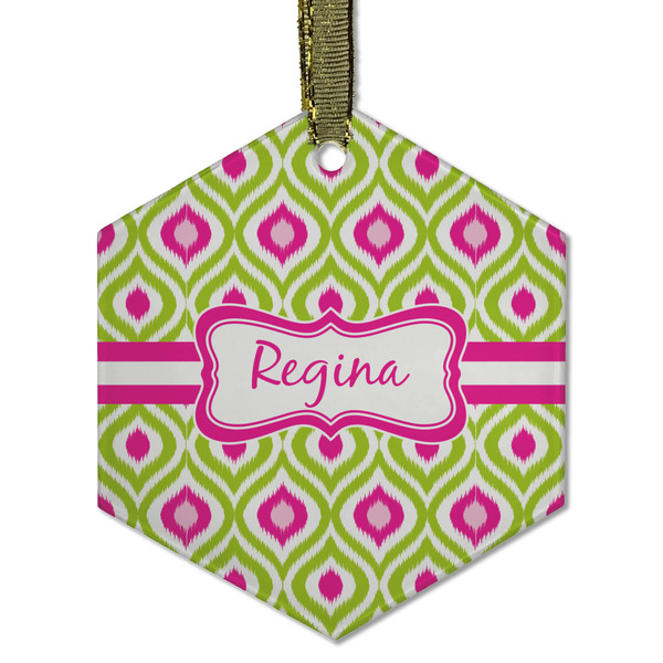 Ogee Ikat Frosted Glass Ornament - Hexagon