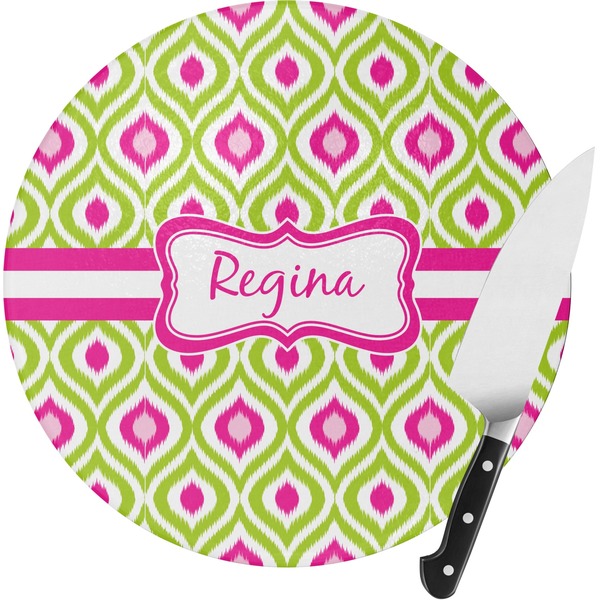 Custom Ogee Ikat Round Glass Cutting Board - Medium (Personalized)