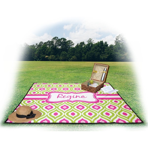 Ogee Ikat Picnic Blanket - with Basket Hat and Book - in Use