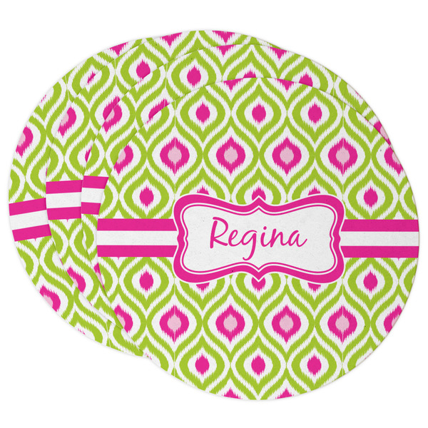 Custom Ogee Ikat Round Paper Coasters w/ Name or Text