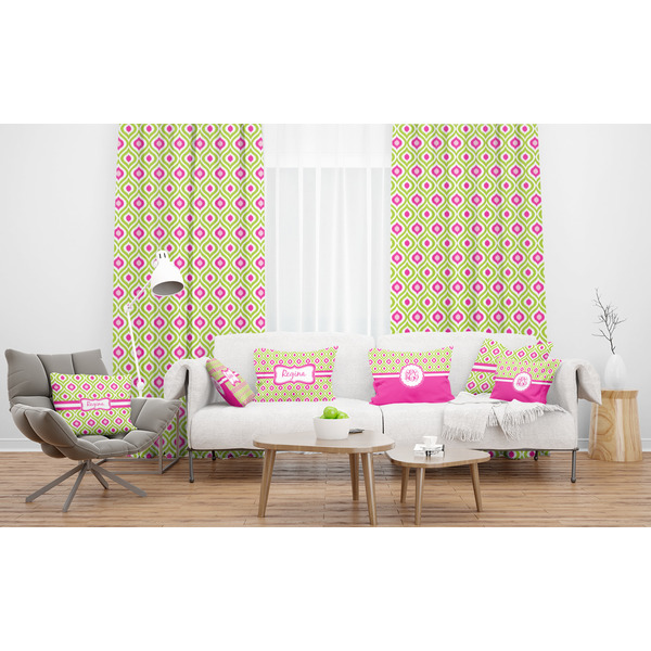 Ogee Ikat Sheer and Custom Curtains in Room with Matching Pillows