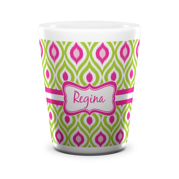 Custom Ogee Ikat Ceramic Shot Glass - 1.5 oz - White - Single (Personalized)