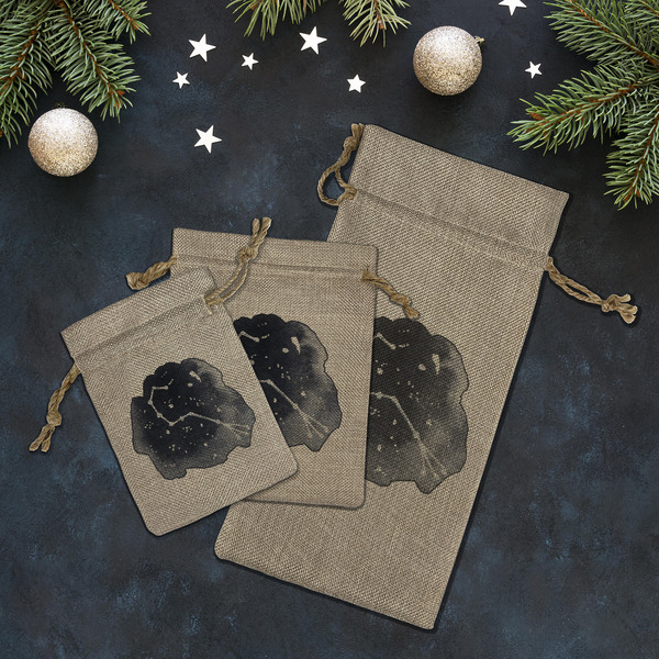 Zodiac Constellations Burlap Gift Bags - LIFESTYLE (Flat lay)