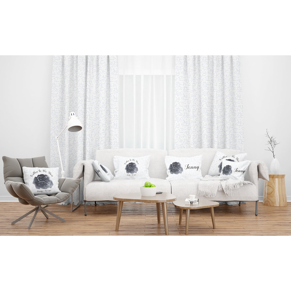 Zodiac Constellations Sheer and Custom Curtains in Room with Matching Pillows