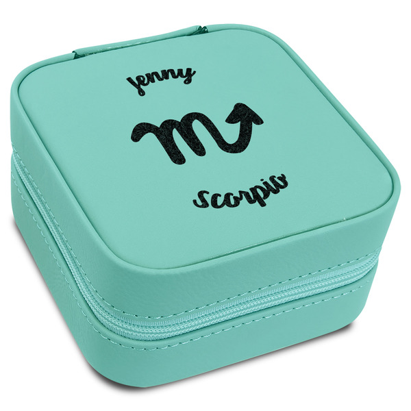 Custom Zodiac Constellations Travel Jewelry Box - Teal Leather (Personalized)