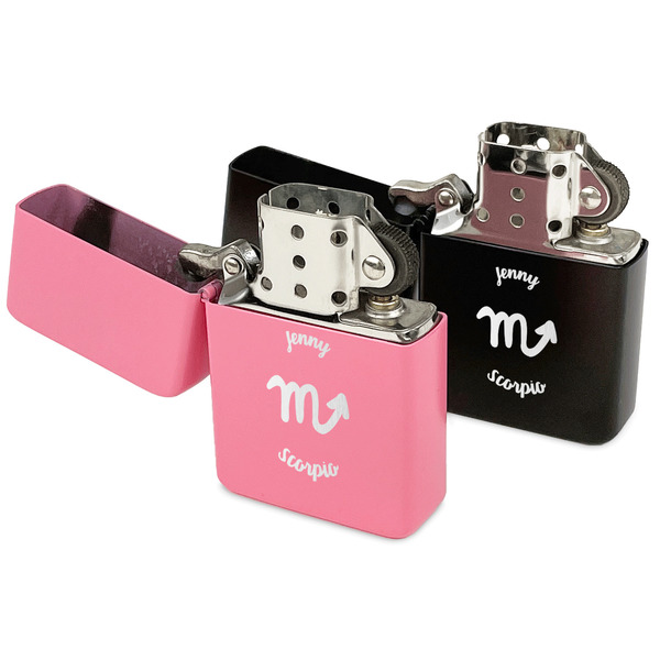 Zodiac Constellations Windproof Lighters - Black & Pink - Open