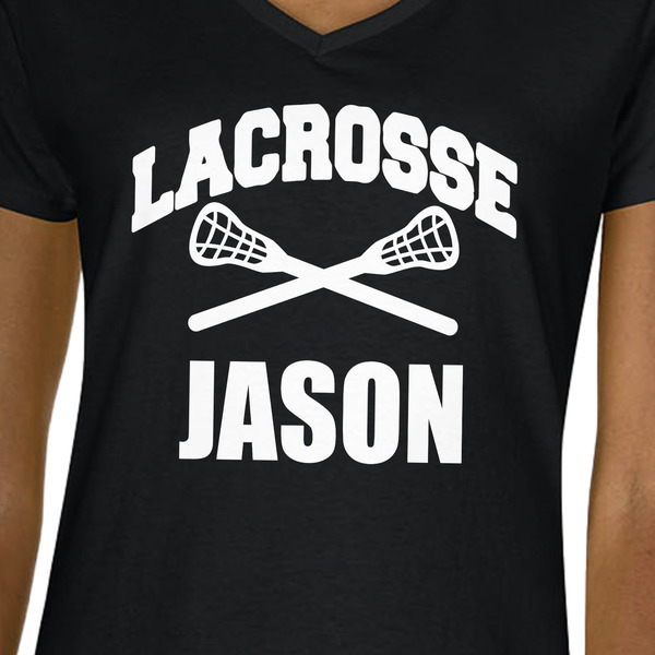Lacrosse Black V-Neck T-Shirt on Model - CloseUp