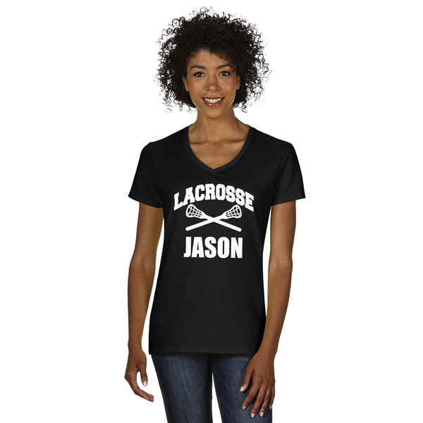 Custom Lacrosse Women's V-Neck T-Shirt - Black - Large (Personalized)