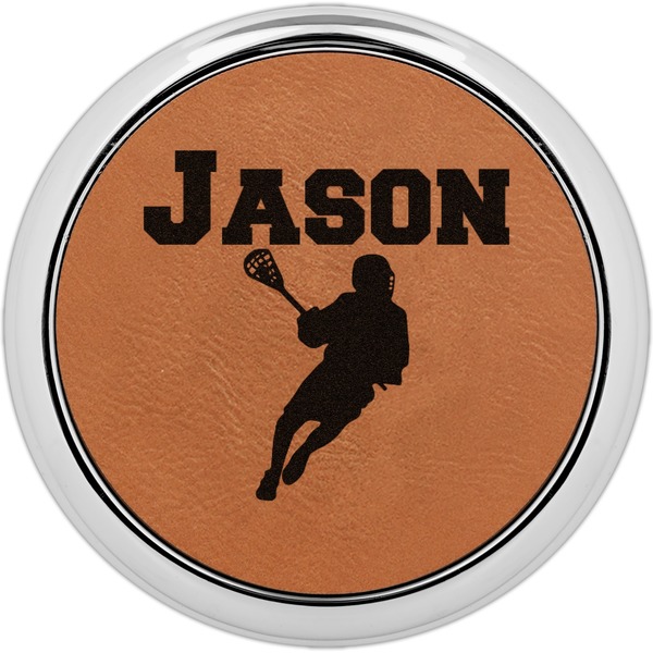 Custom Lacrosse Leatherette Round Coaster w/ Silver Edge - Single or Set (Personalized)