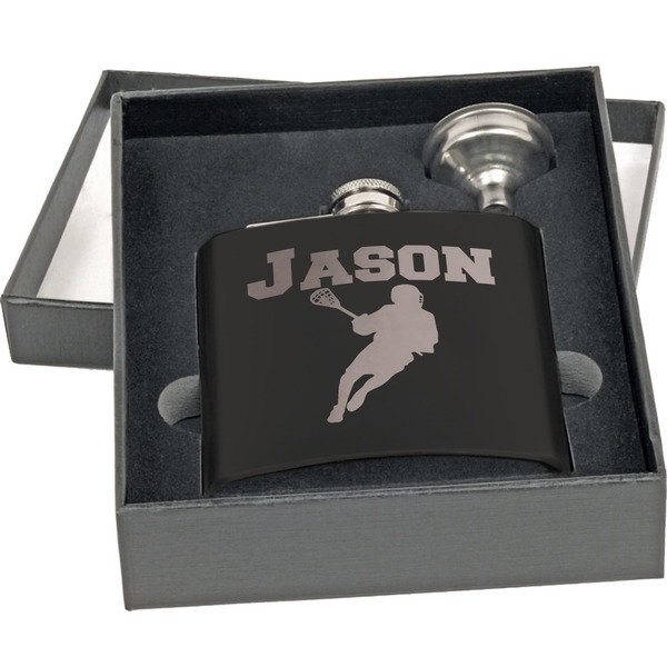 Lacrosse Engraved Black Flask Gift Set