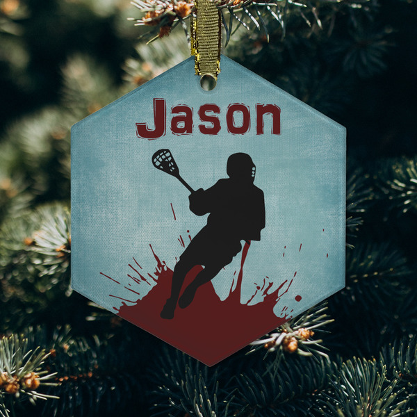 Lacrosse Frosted Glass Ornament - Hexagon (Lifestyle)