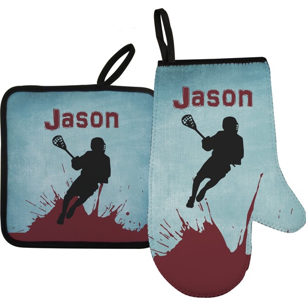 Custom Lacrosse Right Oven Mitt & Pot Holder Set w/ Name or Text