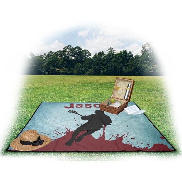 Lacrosse Picnic Blanket - with Basket Hat and Book - in Use