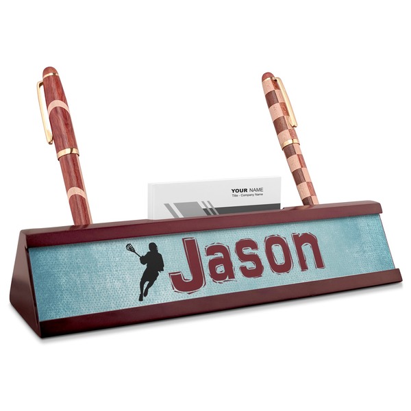 Custom Lacrosse Red Mahogany Nameplate with Business Card Holder (Personalized)