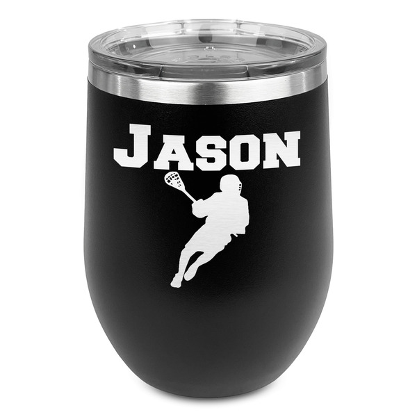 Custom Lacrosse Stemless Stainless Steel Wine Tumbler - Black - Double Sided (Personalized)