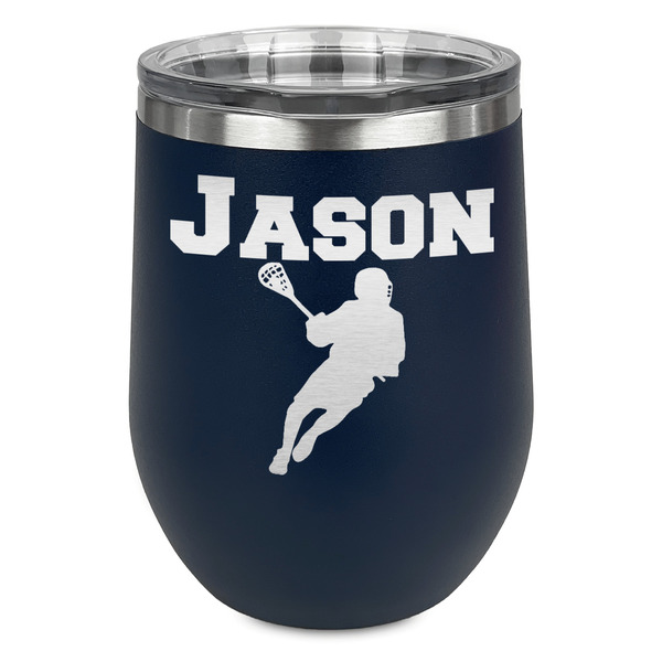 Custom Lacrosse Stemless Stainless Steel Wine Tumbler - Navy - Double Sided (Personalized)