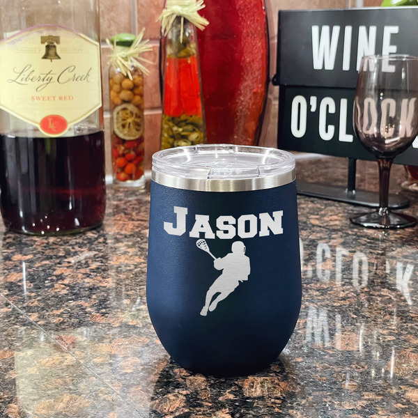 Lacrosse Stainless Wine Tumblers - Navy - Single Sided - In Context