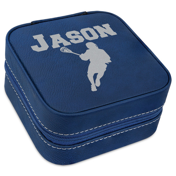 Custom Lacrosse Travel Jewelry Box - Navy Blue Leather (Personalized)