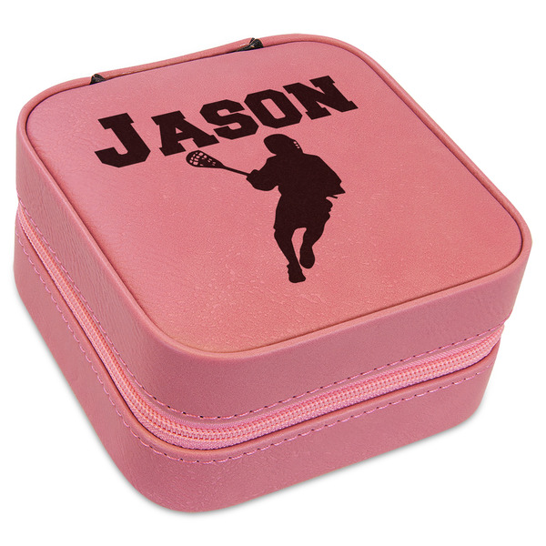 Custom Lacrosse Travel Jewelry Boxes - Pink Leather (Personalized)
