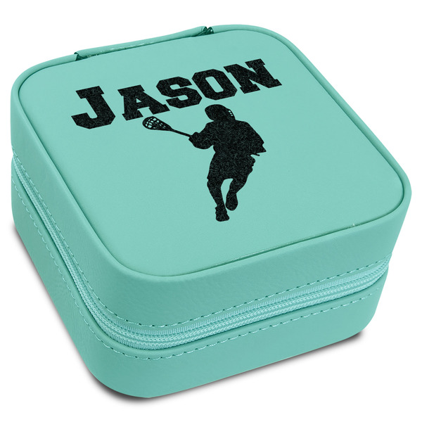 Custom Lacrosse Travel Jewelry Box - Teal Leather (Personalized)