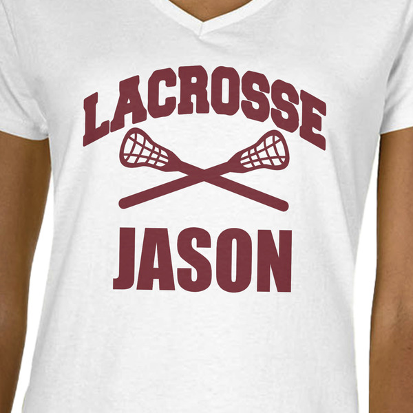 Lacrosse White V-Neck T-Shirt on Model - CloseUp