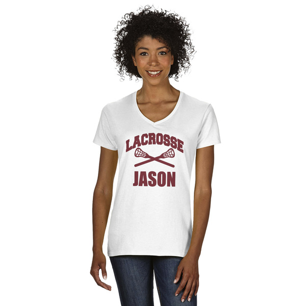 Custom Lacrosse Women's V-Neck T-Shirt - White (Personalized)