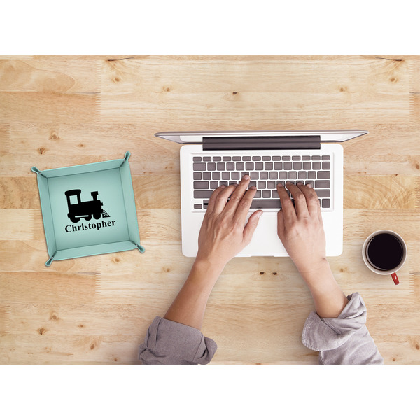 Trains 6" x 6" Teal Leatherette Snap Up Tray - LIFESTYLE