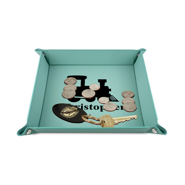 Trains 6" x 6" Teal Leatherette Snap Up Tray - STYLED