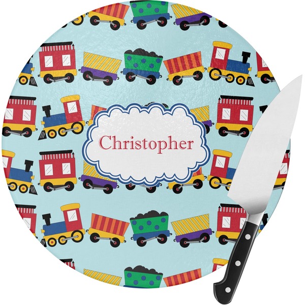 Custom Trains Round Glass Cutting Board - Small (Personalized)