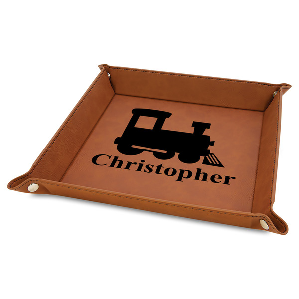 Custom Trains Faux Leather Dice Tray - 9" x 9" - Rawhide (Personalized)
