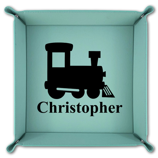 Trains 9" x 9" Teal Leatherette Snap Up Tray - FOLDED