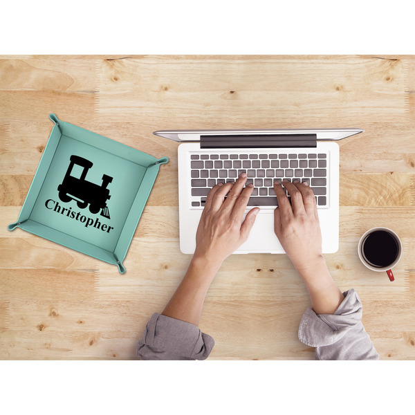 Trains 9" x 9" Teal Leatherette Snap Up Tray - LIFESTYLE
