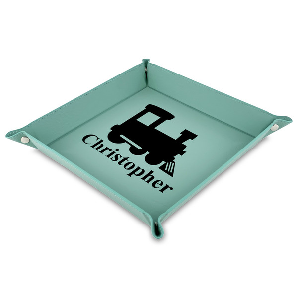 Custom Trains 9" x 9" Teal Faux Leather Valet Tray (Personalized)