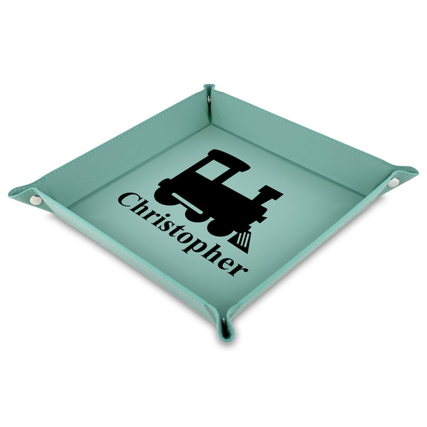 Custom Trains Faux Leather Dice Tray - 9" x 9"  - Teal (Personalized)