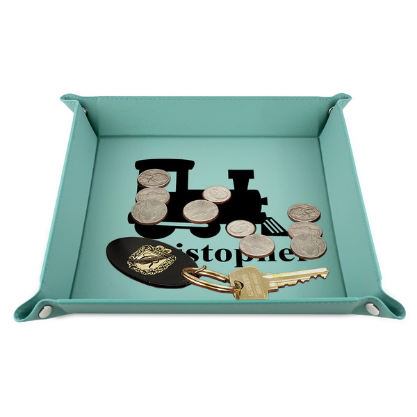 Trains 9" x 9" Teal Leatherette Snap Up Tray - STYLED