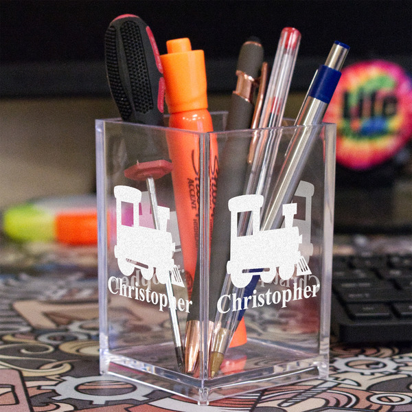 Trains Acrylic Pen Holder - In Context