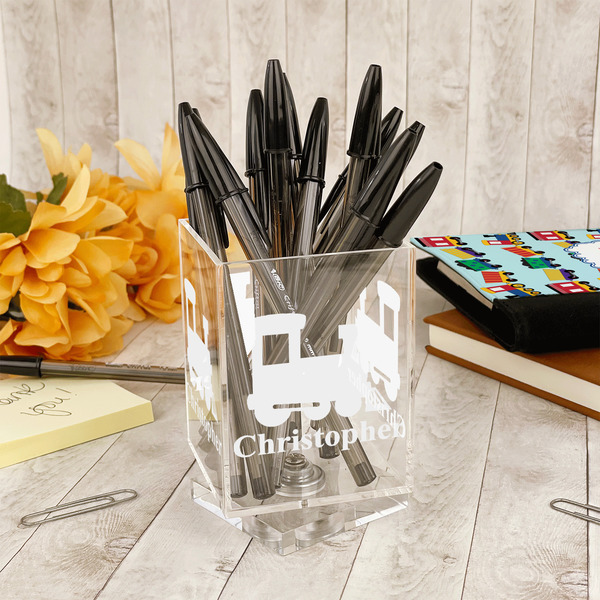 Trains Acrylic Pencil Holder - IN CONTEXT