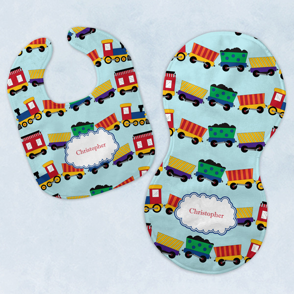 Custom Trains Baby Bib & Burp Set w/ Name or Text