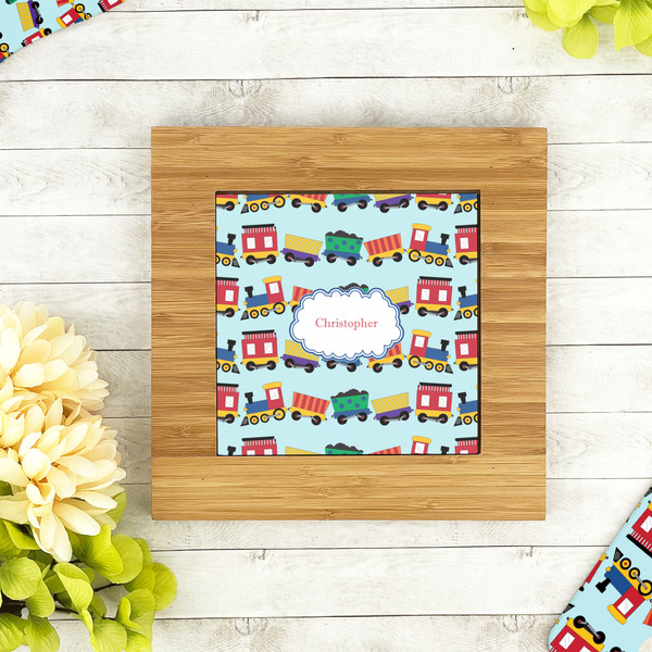 Trains Bamboo Trivet with 6" Tile - LIFESTYLE